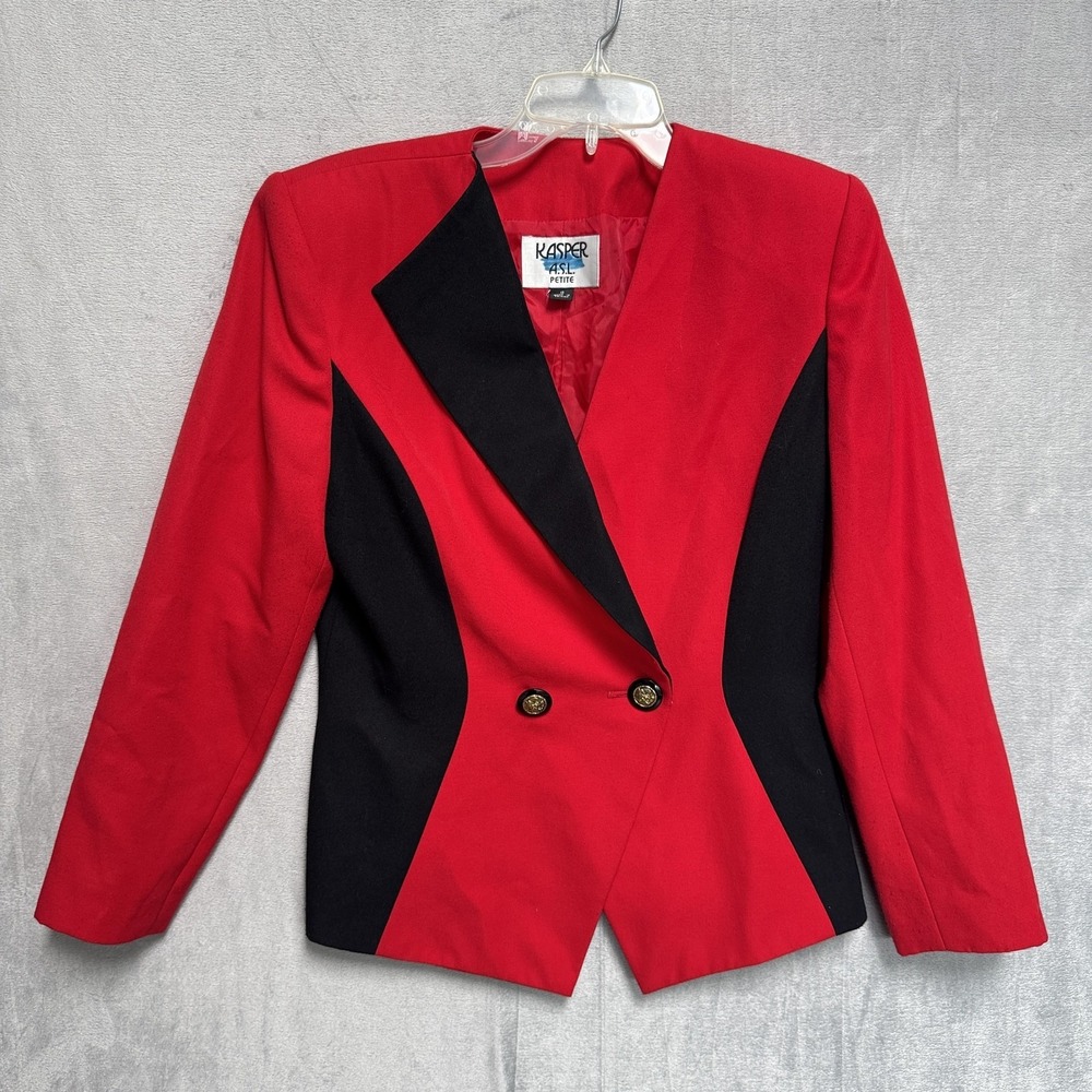 Vintage Kasper A.S.L.‎ Blazer Womens Petite 8 Red Black Colorblock Lined Career